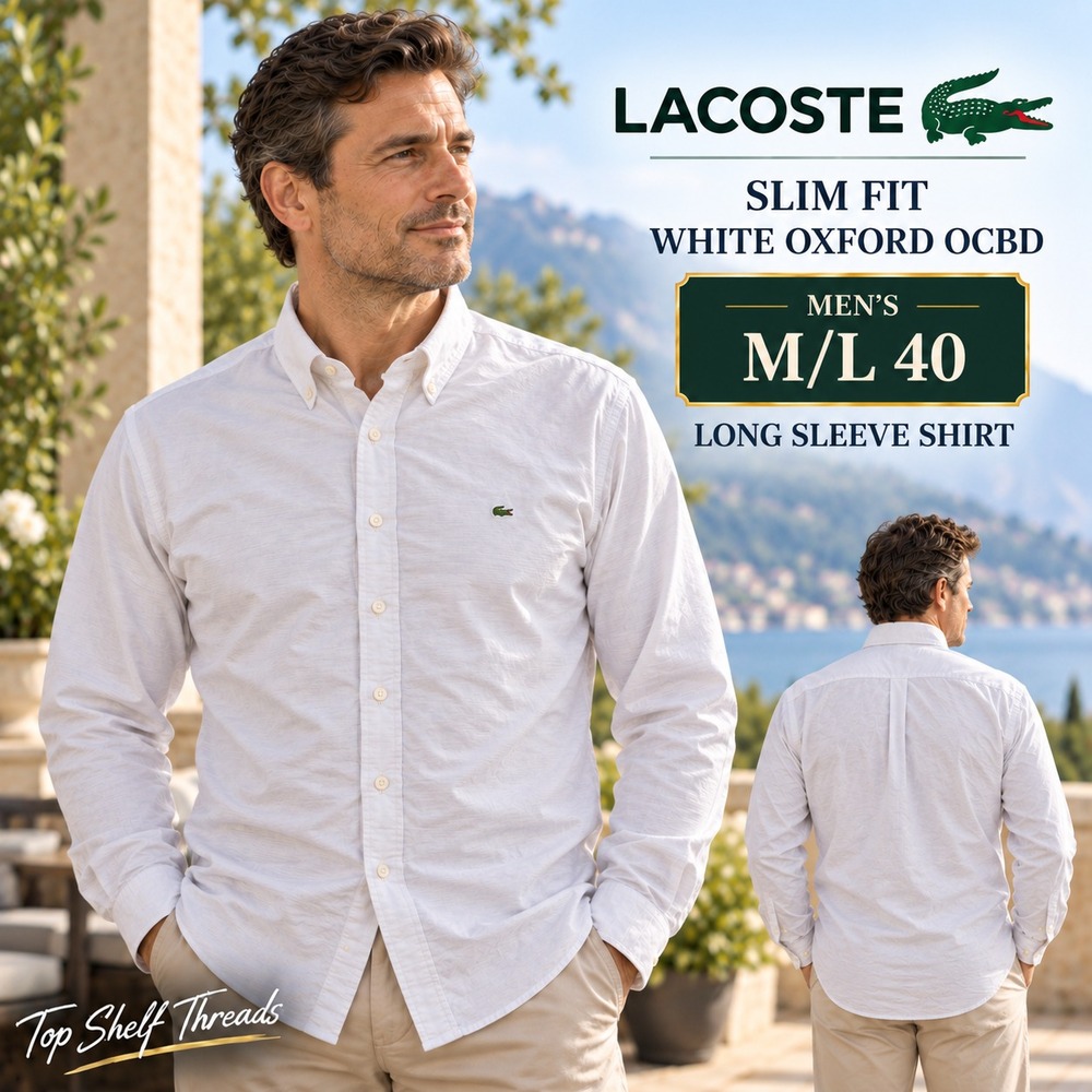 Lacoste Men M/L White Oxford OCBD Slim Fit Cotton Long Sleeve Green Croc Shirt